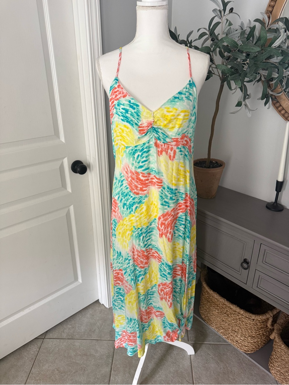 Emily Wonder Watercolor Wave Spaghetti Strap Maxi Slip Dress Sz M